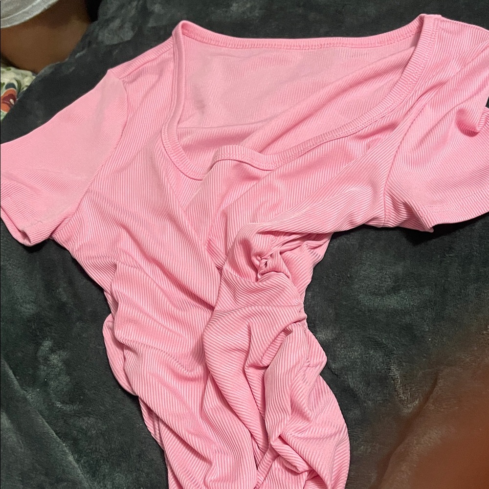 Pink Ribbed Short Sleeve Top